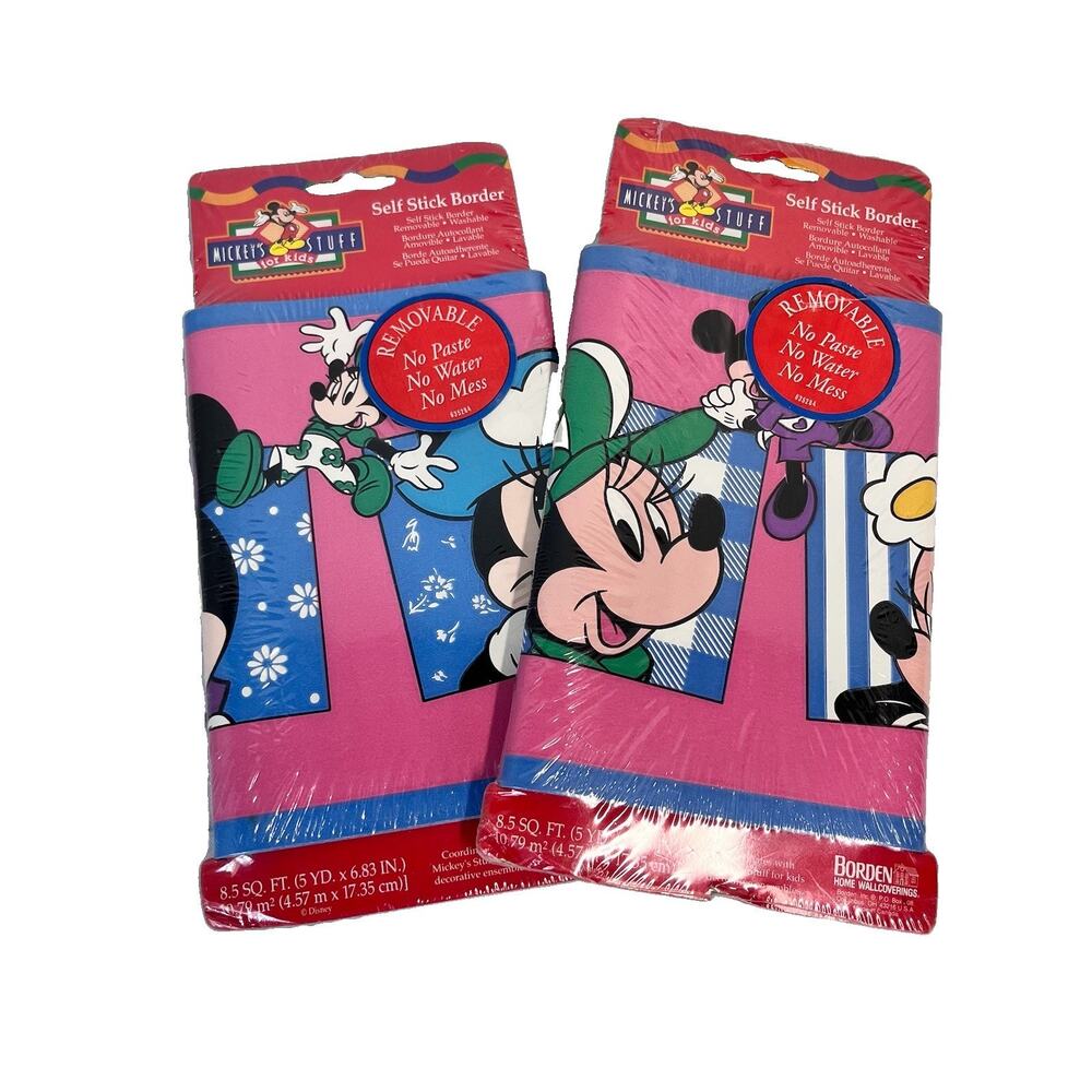 Vintage 2pc Borden Self Stick Border Mickey's Stuff Minnie Mouse Pink--10 yds